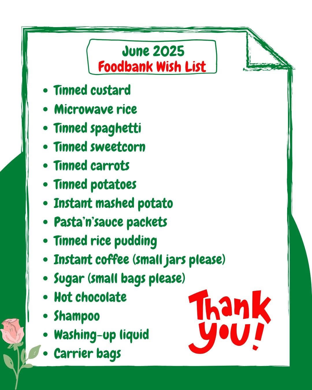 List of items urgently needed for the Food Bank